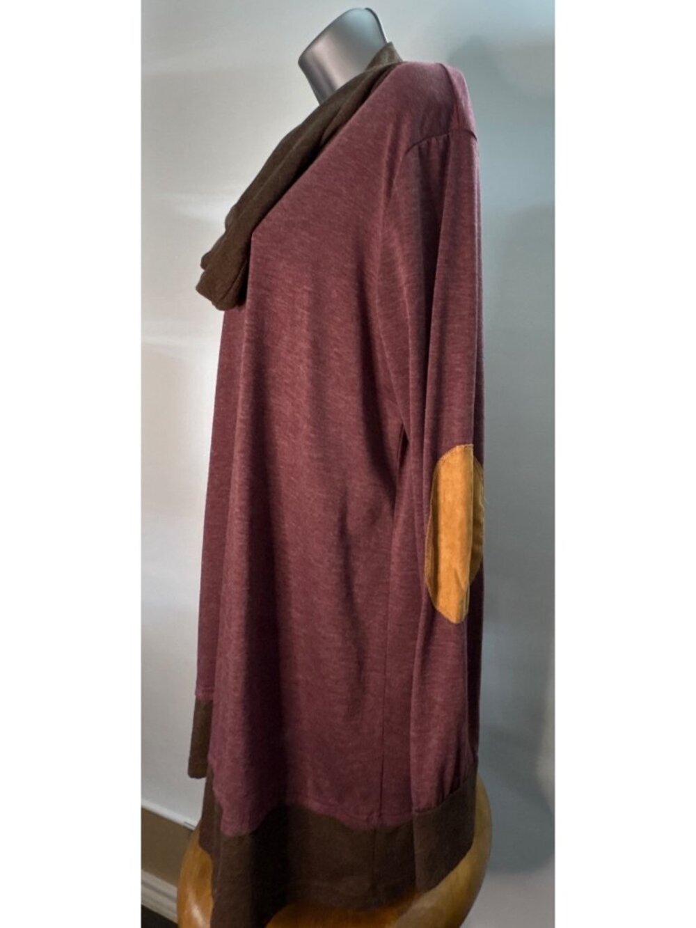 Women's Cowl Neck Scarf Pullover Blouse Turtleneck Burgundy Elbow Patches Tunic - Picture 5 of 16